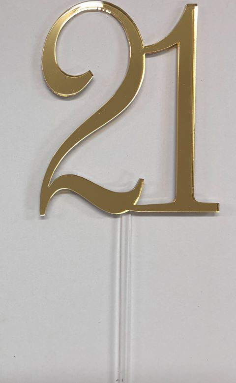 21st CAKE TOPPERS ACRYLIC & WOOD [MESSAGE: 21 ELEGANT GOLD MIRROR CAKE TOPPER]
