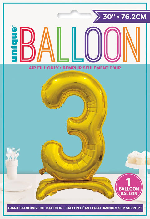 #3 GIANT 76cm GOLD AIR FILLED STANDING BALLOON - Whip It Up Cake Supplies