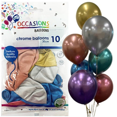 CHROME ASSORTED 30cm BALLOONS 10 pk - Whip It Up Cake Supplies