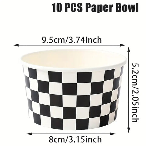 CHECKERED BLACK & WHITE RACING THEME BOWLS 10 pk - Whip It Up Cake Supplies
