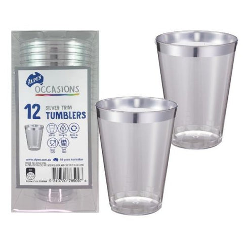 SILVER TRIM TUMBLERS PLASTIC 12pk - 200ml - Whip It Up Cake Supplies