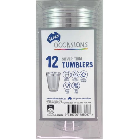 SILVER TRIM TUMBLERS PLASTIC 12pk - 200ml - Whip It Up Cake Supplies