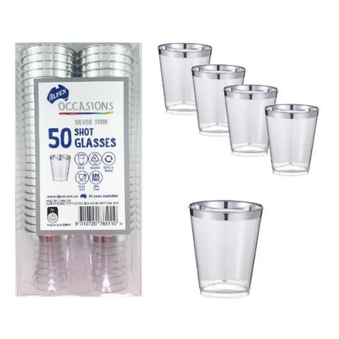 SILVER TRIM SHOT GLASSES PLASTIC 50pk - 30ml - Whip It Up Cake Supplies