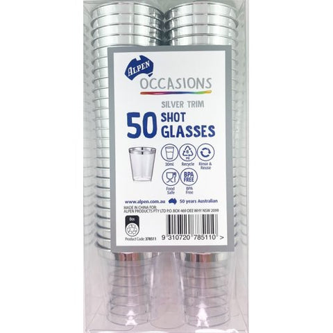 SILVER TRIM SHOT GLASSES PLASTIC 50pk - 30ml - Whip It Up Cake Supplies