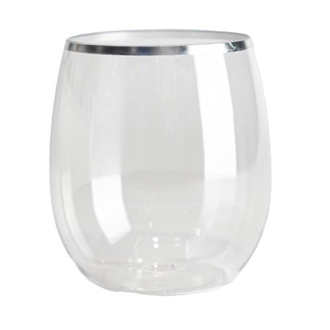 SILVER TRIM STEMLESS WINE GLASSES PLASTIC 6pk - 350ml - Whip It Up Cake Supplies