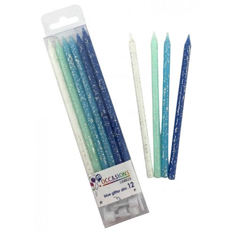 BLUE GLITTER CANDLES 12 pack