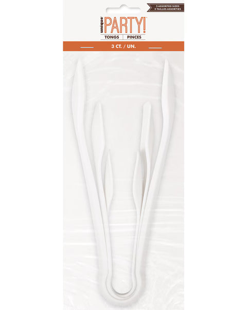 3 Reusable Plastic White Tongs - Assorted Sizes