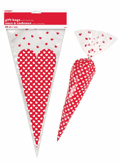 VALENTINES HEART CONE CELLOPHANE BAGS 20 pk - Whip It Up Cake Supplies