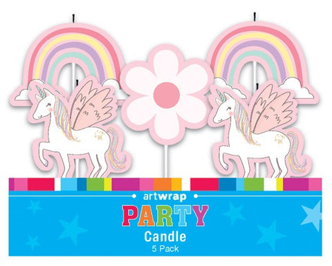 UNICORN CANDLES with RAINBOWS & FLOWER x 5