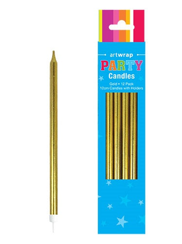 GOLD TAPER LONG CANDLES 12pk - Whip It Up Cake Supplies