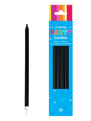 BLACK TAPER LONG CANDLES 12pk - Whip It Up Cake Supplies