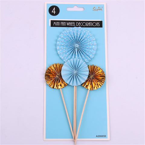 MINI FAN WHEEL CAKE DECORATIONS BLUE/GOLD 4 pack - Whip It Up Cake Supplies