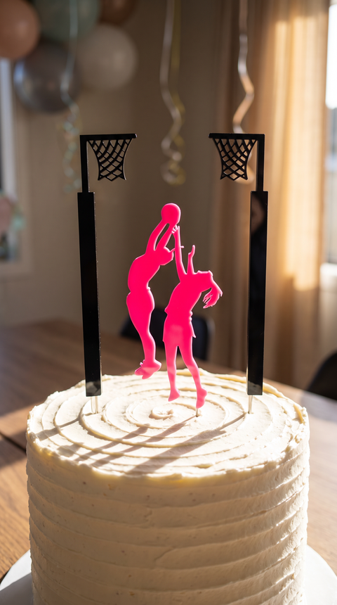 NETBALL PLAYERS & GOAL POST ACRYLIC CAKE TOPPER