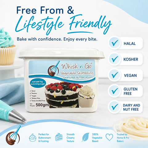 A container of Whisk n' Go Vegetable Shoening Dairy Free Buttercream shown on a clean white background with promotional text, a piping bag, cupcakes, and feature badges such as Halal, Kosher, Vegan, Gluten Free, and Dairy and Nut Free.