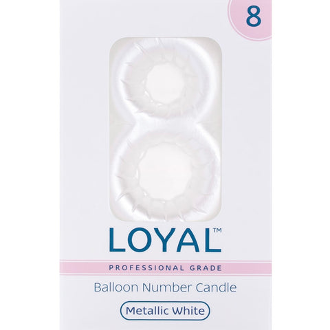 BALLOON CANDLE #8 WHITE METALLIC - Whip It Up Cake Supplies