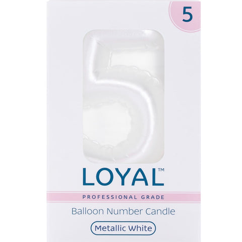 BALLOON CANDLE #5 WHITE METALLIC - Whip It Up Cake Supplies