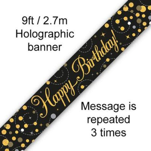 HAPPY BIRTHDAY BANNER SPARKLING FIZZ BLACK AND GOLD 2.7m Long - Whip It Up Cake Supplies