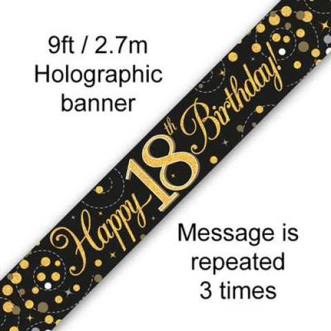 HAPPY 18th BIRTHDAY BANNER SPARKLING FIZZ BLACK AND GOLD 2.7m Long - Whip It Up Cake Supplies