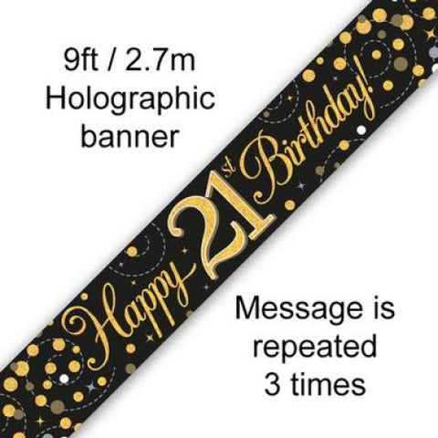 HAPPY 21st BIRTHDAY BANNER SPARKLING FIZZ BLACK AND GOLD 2.7m Long - Whip It Up Cake Supplies