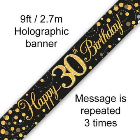 HAPPY 30th BIRTHDAY BANNER SPARKLING FIZZ BLACK AND GOLD 2.7m Long - Whip It Up Cake Supplies
