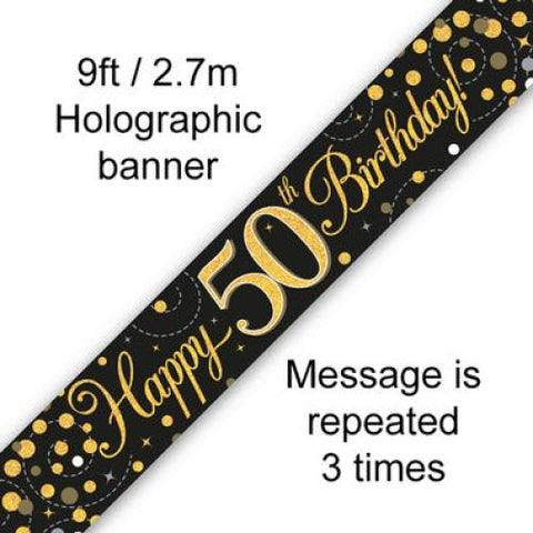 HAPPY 50th BIRTHDAY BANNER SPARKLING FIZZ BLACK AND GOLD 2.7m Long - Whip It Up Cake Supplies
