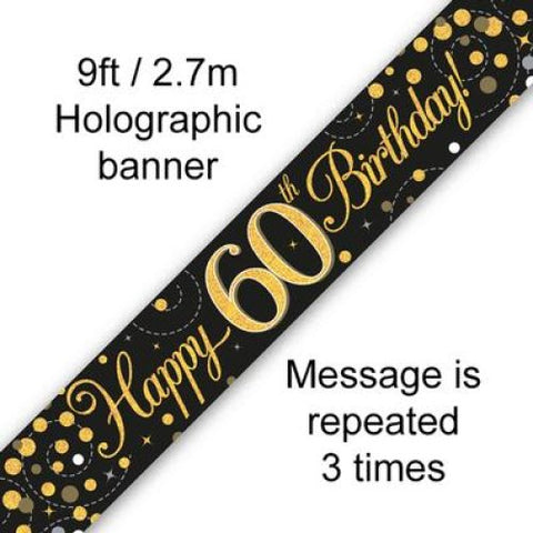 HAPPY 60th BIRTHDAY BANNER SPARKLING FIZZ BLACK AND GOLD 2.7m Long - Whip It Up Cake Supplies
