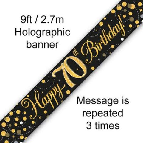 HAPPY 70th BIRTHDAY BANNER SPARKLING FIZZ BLACK AND GOLD 2.7m Long - Whip It Up Cake Supplies