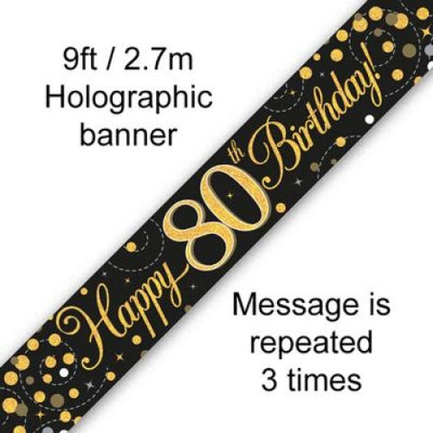 HAPPY 80th BIRTHDAY BANNER SPARKLING FIZZ BLACK AND GOLD 2.7m Long - Whip It Up Cake Supplies