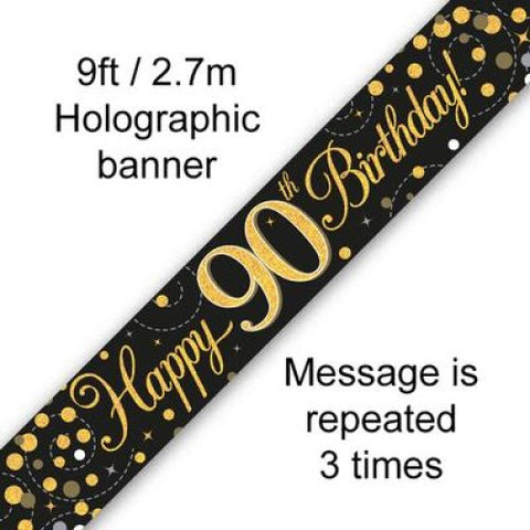 HAPPY 90th BIRTHDAY BANNER SPARKLING FIZZ BLACK AND GOLD 2.7m Long - Whip It Up Cake Supplies