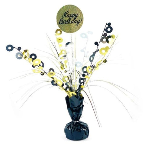HAPPY BIRTHDAY CENTREPIECE TABLE DECORATION BLACK AND GOLD - Whip It Up Cake Supplies
