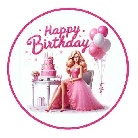 BARBIE WITH BIRTHDAY CAKE 7" ROUND EDIBLE IMAGE