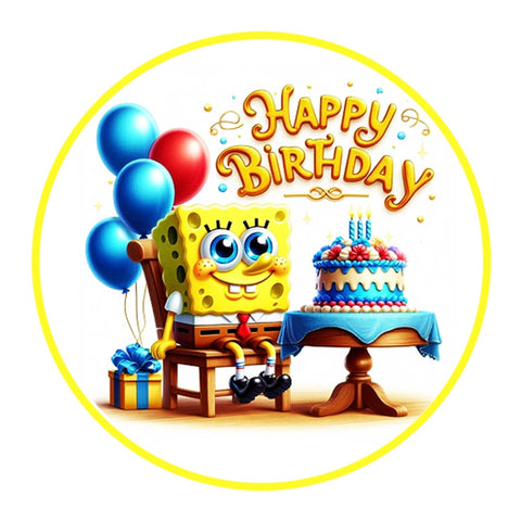 SPONGEBOB WITH CAKE 7" ROUND EDIBLE IMAGE