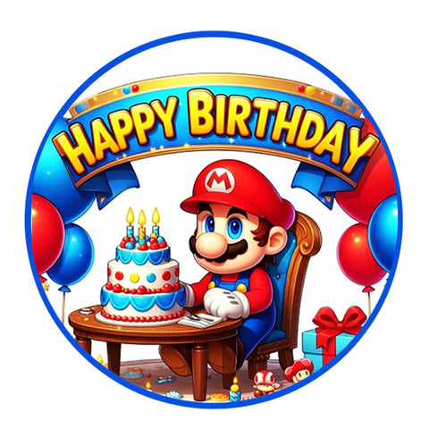 SUPER MARIO WITH CAKE 7" ROUND EDIBLE IMAGE