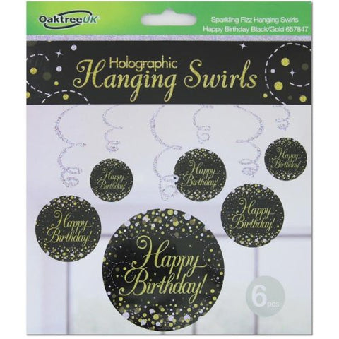 HAPPY BIRTHDAY SWIRL SPARKLING FIZZ BLACK AND GOLD DECORATIONS 6pk - Whip It Up Cake Supplies