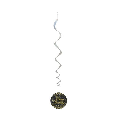 HAPPY BIRTHDAY SWIRL SPARKLING FIZZ BLACK AND GOLD DECORATIONS 6pk - Whip It Up Cake Supplies