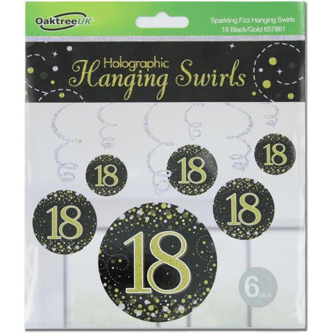 18 SWIRL SPARKLING FIZZ BLACK AND GOLD DECORATIONS 6pk - Whip It Up Cake Supplies