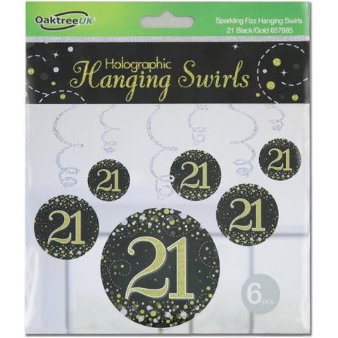 21 SWIRL SPARKLING FIZZ BLACK AND GOLD DECORATIONS 6pk - Whip It Up Cake Supplies
