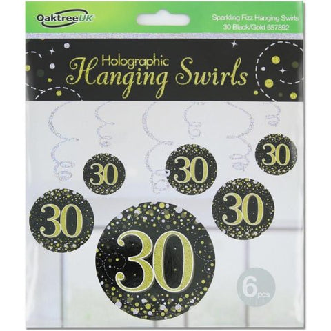 30 SWIRL SPARKLING FIZZ BLACK AND GOLD DECORATIONS 6pk - Whip It Up Cake Supplies