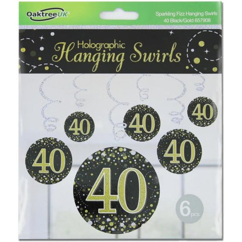 40 SWIRL SPARKLING FIZZ BLACK AND GOLD DECORATIONS 6pK - Whip It Up Cake Supplies
