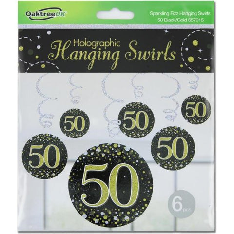 50 SWIRL SPARKLING FIZZ BLACK AND GOLD DECORATIONS 6pK - Whip It Up Cake Supplies