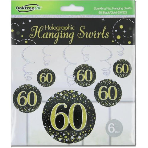 60 SWIRL SPARKLING FIZZ BLACK AND GOLD DECORATIONS 6pK - Whip It Up Cake Supplies