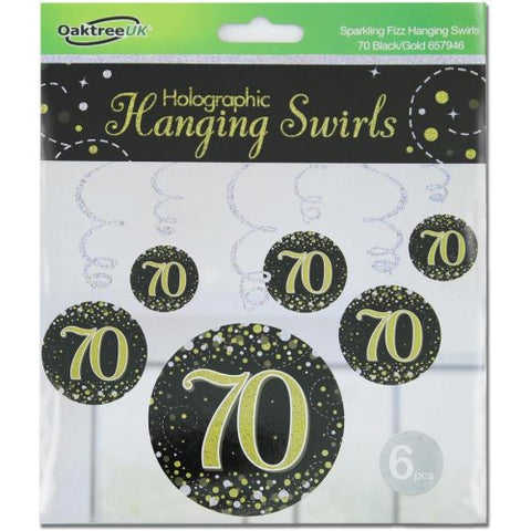 70 SWIRL SPARKLING FIZZ BLACK AND GOLD DECORATIONS 6pk - Whip It Up Cake Supplies