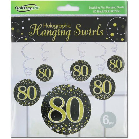80 SWIRL SPARKLING FIZZ BLACK AND GOLD DECORATIONS 6pk - Whip It Up Cake Supplies