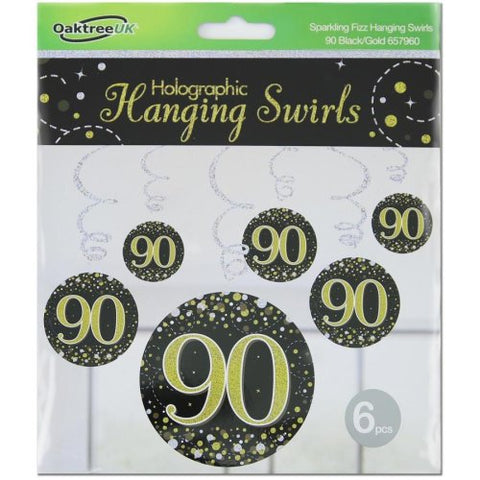 90 SWIRL SPARKLING FIZZ BLACK AND GOLD DECORATIONS 6pk - Whip It Up Cake Supplies