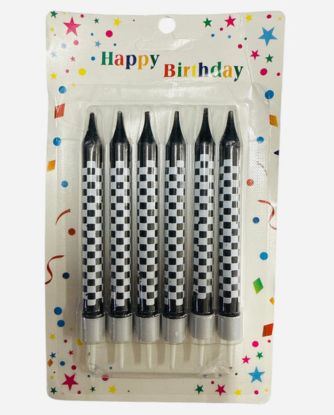 CHECKERED BLACK & WHITE RACING THEME CANDLES 6pk - Whip It Up Cake Supplies