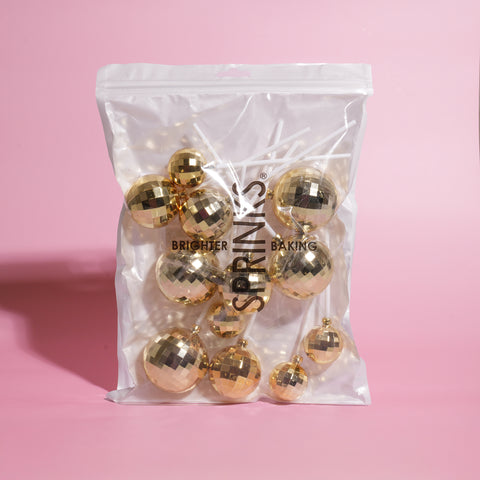 GOLD MIRROR BALL CAKE TOPPERS x 12