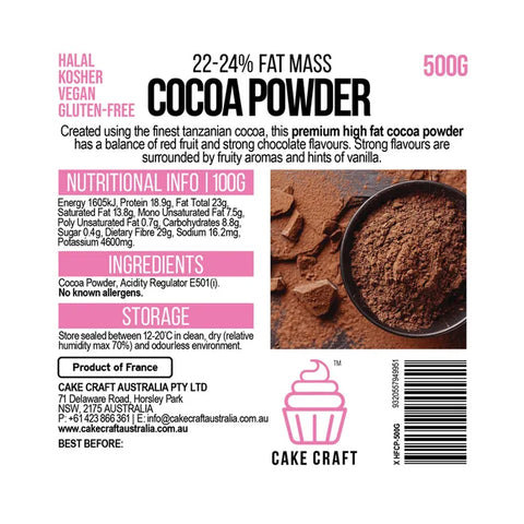 HIGH FAT COCOA POWDER  - 500G - Whip It Up Cake Supplies