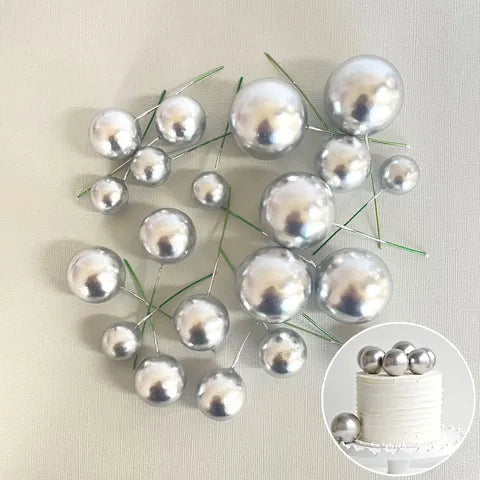 CAKE BALL SILVER DECORATIONS 20 pack - NON EDIBLE - Whip It Up Cake Supplies