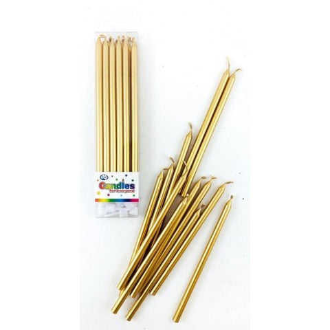 GOLD CANDLES 12pk EXTRA LONG 12cm WITH HOLDERS