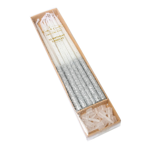 SILVER GLITTER DIPPED CAKE CANDLES 12pk